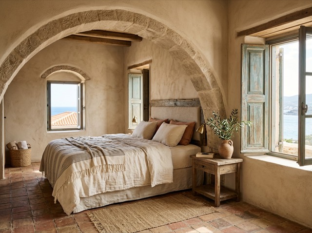 A limewashed bedroom with an arched alcove, linen bedding, and shutters half open to sea light