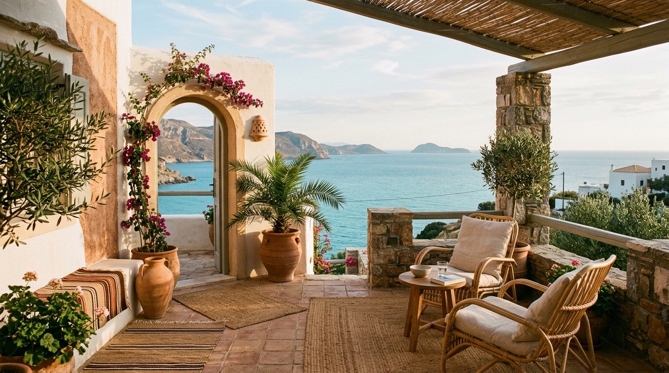 A whitewashed terrace with an arched doorway opening toward the sea at golden hour