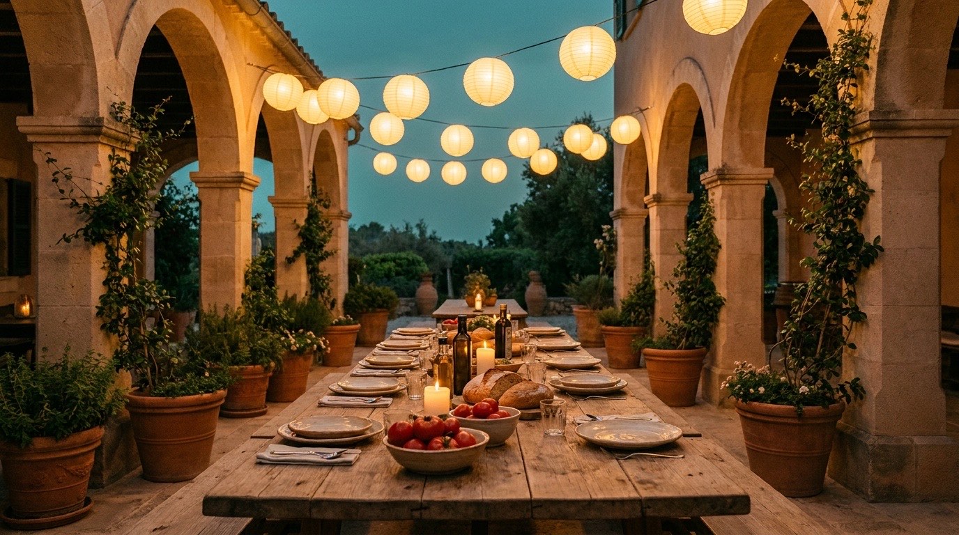 A long wooden table set for dinner under lanterns in an arched stone courtyard at dusk